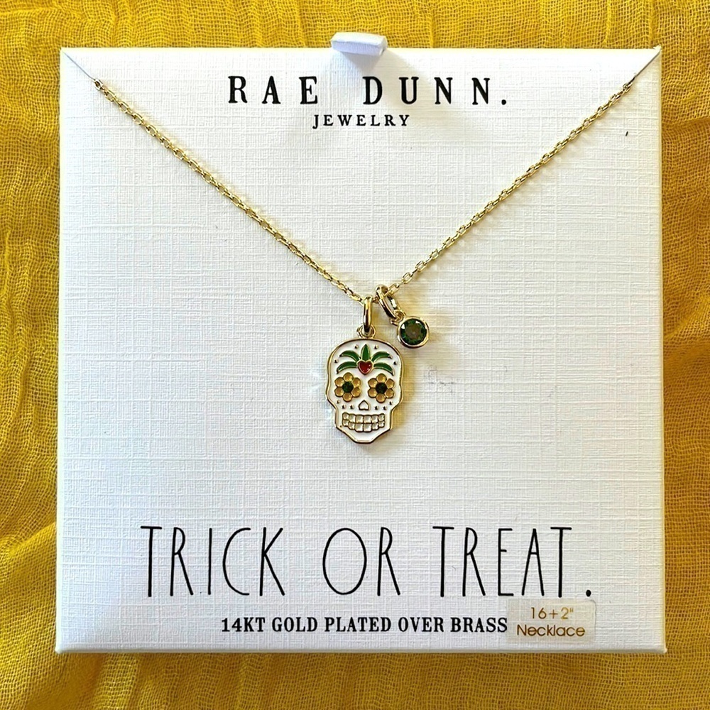 Brand New Rae Dunn 14K Gold Plated Over Brass Skull Skeleton Halloween Necklace